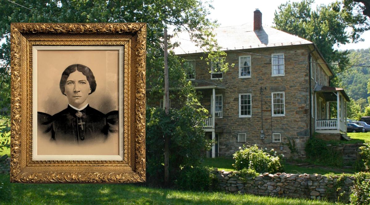 Photos of the Arnold Farm and historic image of a woman with connection to Battle of South Mountain
