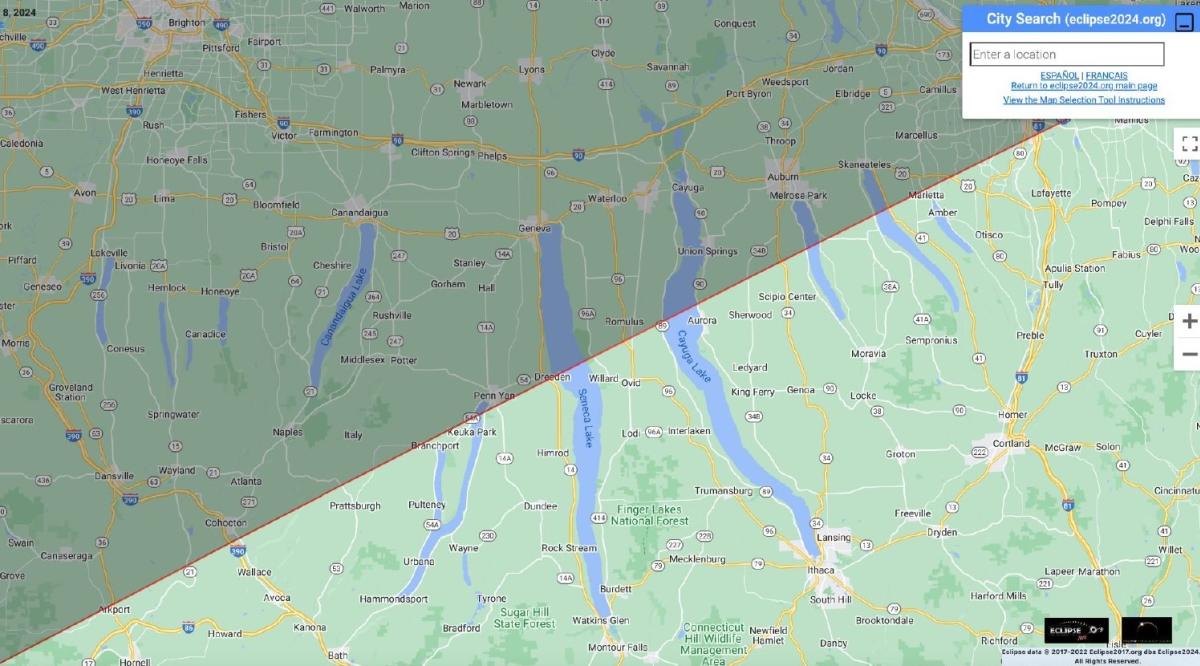 Google map of the Finger Lakes region in New York showing where the total eclipse will be happening