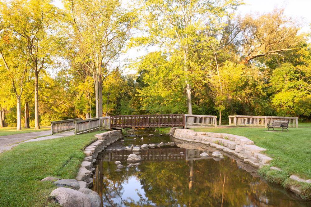 Wooden bridge walkway over river with fall trees behind. Saline's Mill Pond Park