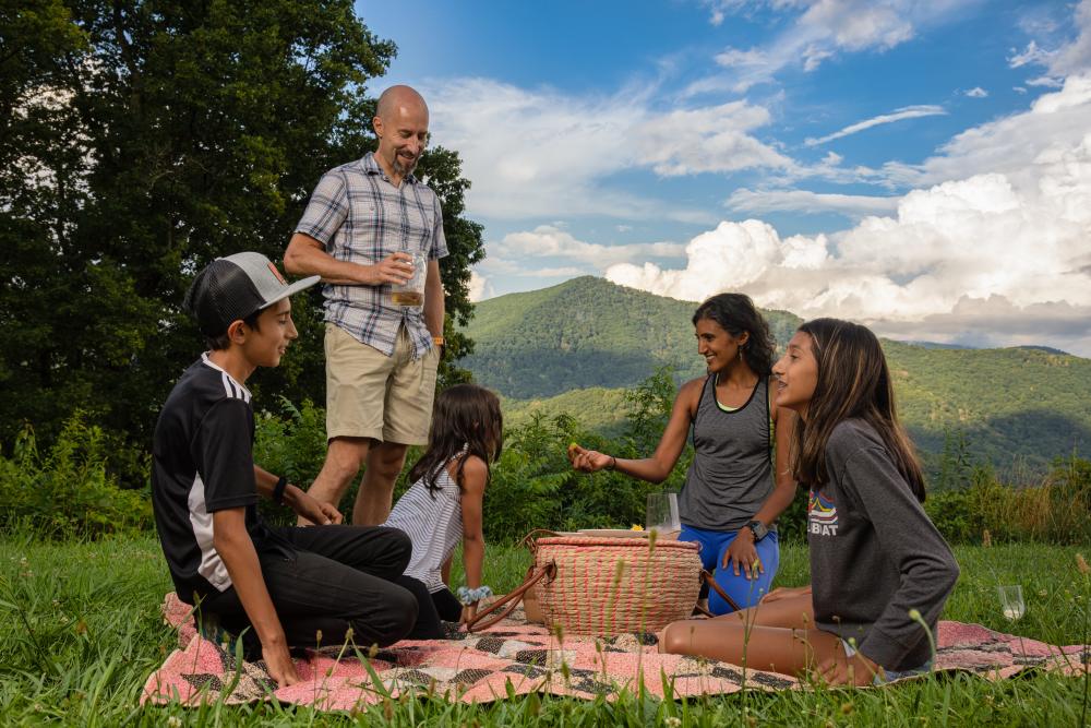 A family enjoys a picnic on the Blue Ridge Parkway near Asheville, NC