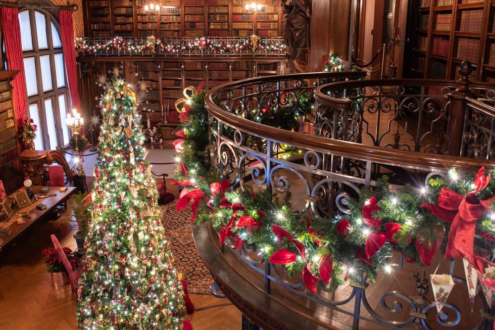 George Vanderbilt's Library at Biltmore Estate in Asheville, NC decorated for the holidays