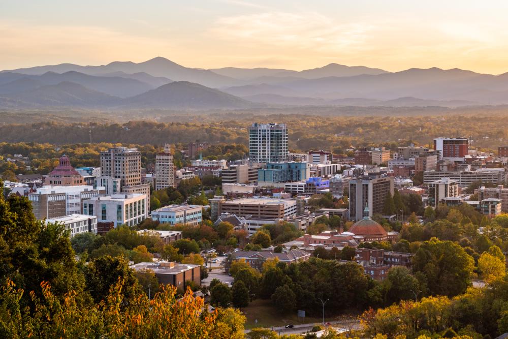 The Asheville, NC skyline at sunset