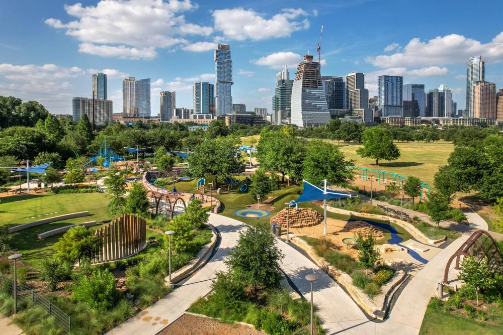 Birds-eye-view of pathways and playscapes at Alliance Children's Garden in Butler Park.