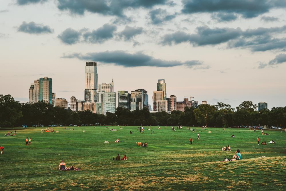 Zilker Park and downtown skyline of Austin Texas