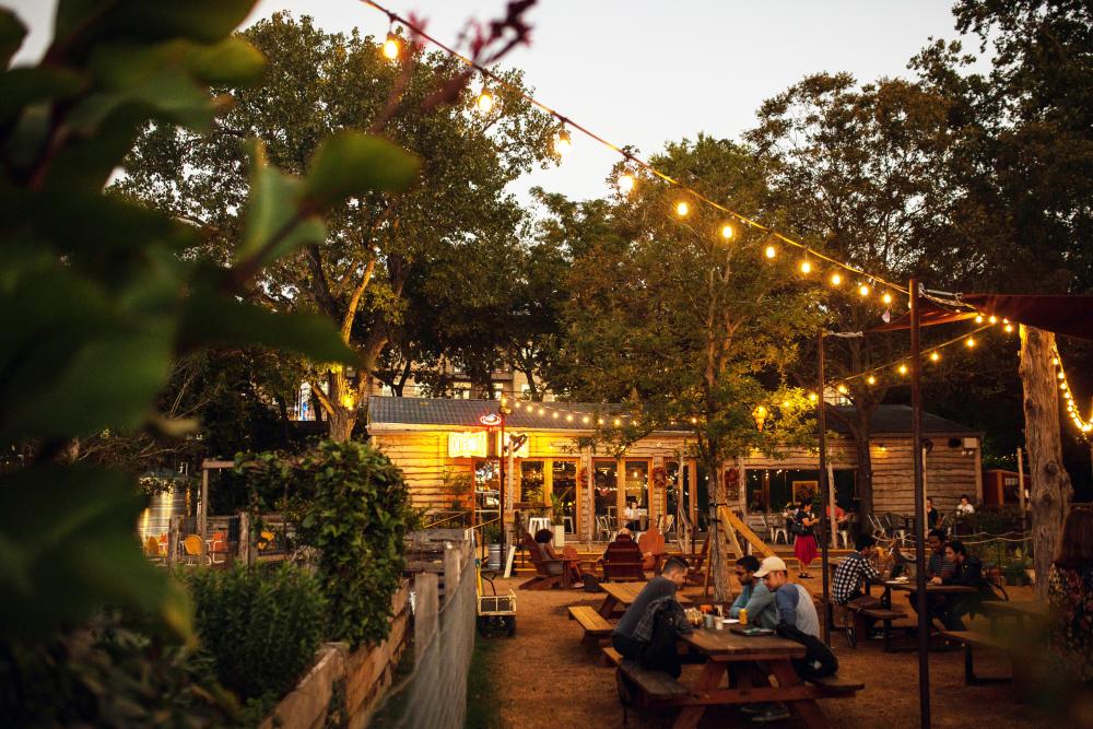 string lights on the patio at Cosmic Coffee and Beer Garden in austin texas