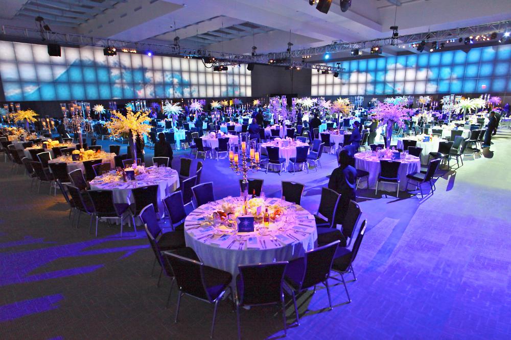 The Austin Convention Center with tables set for catering