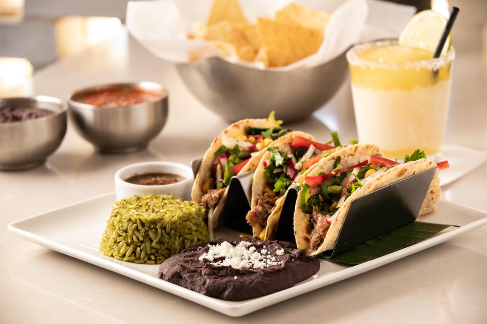 A dish featuring three tacos, rice and beans sitting on a white plate on a table at Gloria's Latin Cuisine.