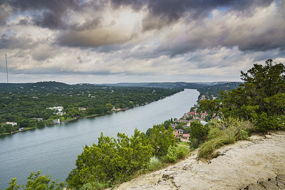 Expansive view of Lake Austin and Texas Hill Country from Covert Park at Mount Bonnell