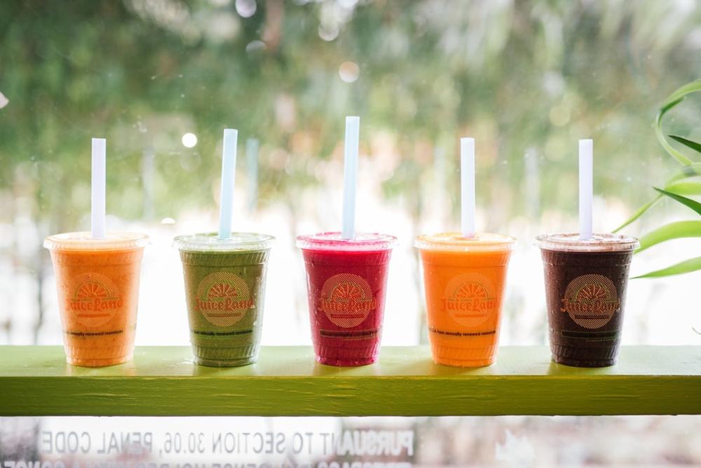 Colorful smoothies lining the window sill at JuiceLand