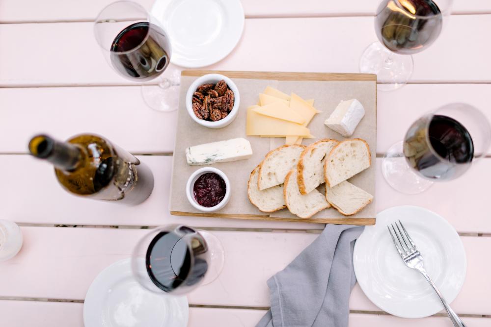 Cheese Plate and wine glasses at Mattie's restaurant in Austin Texas