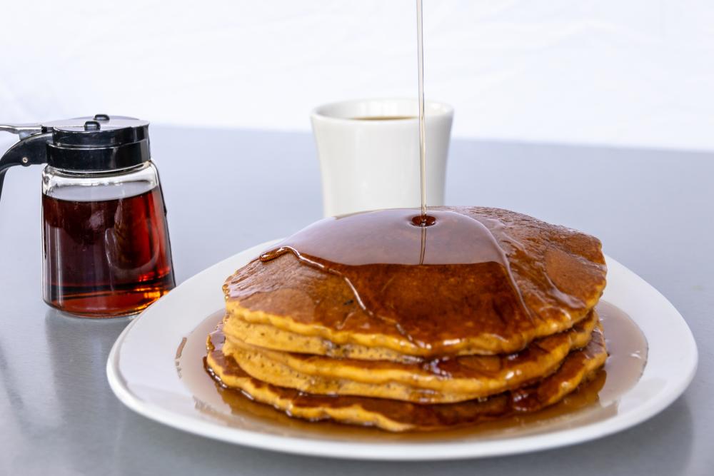 Pumpkin Pancakes and syrup from Kerbey Lane Cafe in Austin Texas