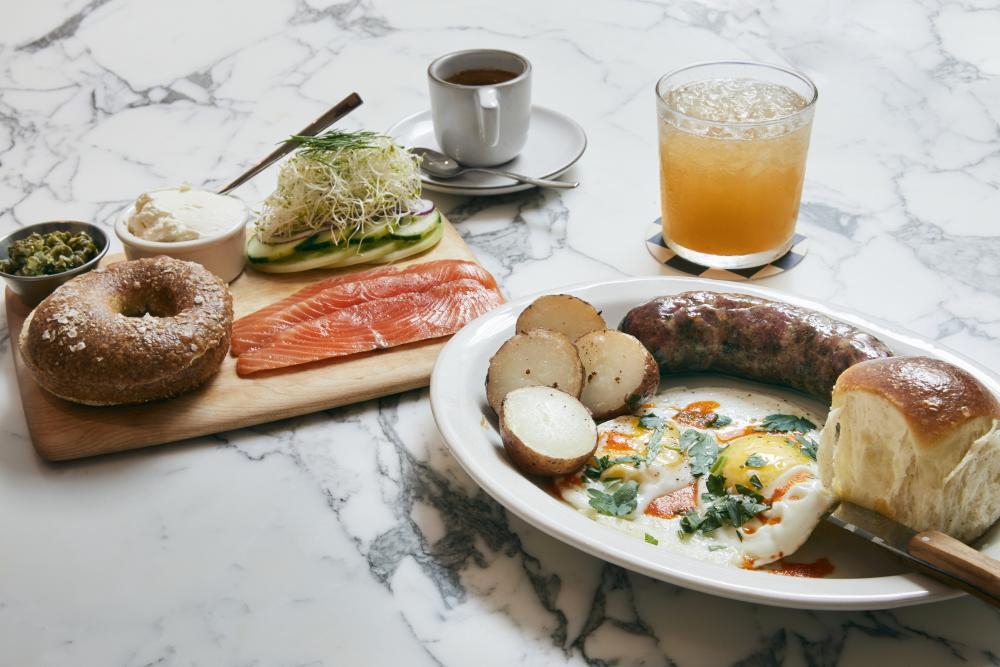 breakfast items like bagels and lox and eggs at Swedish Hill bakery and cafe in austin texas