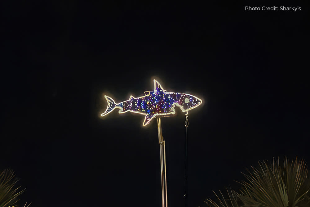 a shark outlined in lights hanging from a crane