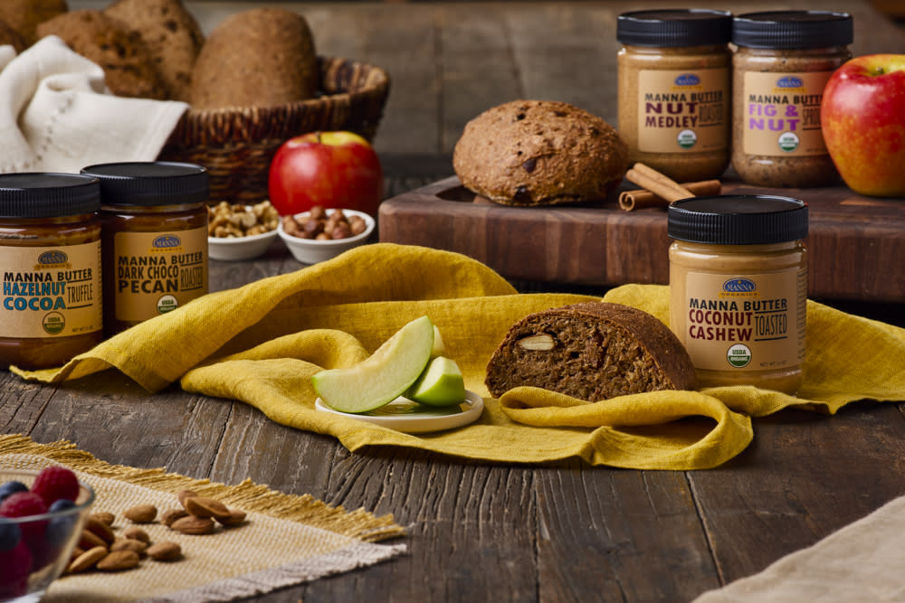 Bread and various types of nut butters from Manna Organics