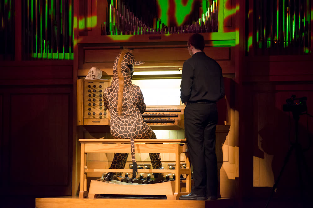 Person dressed as giraffe playing organ