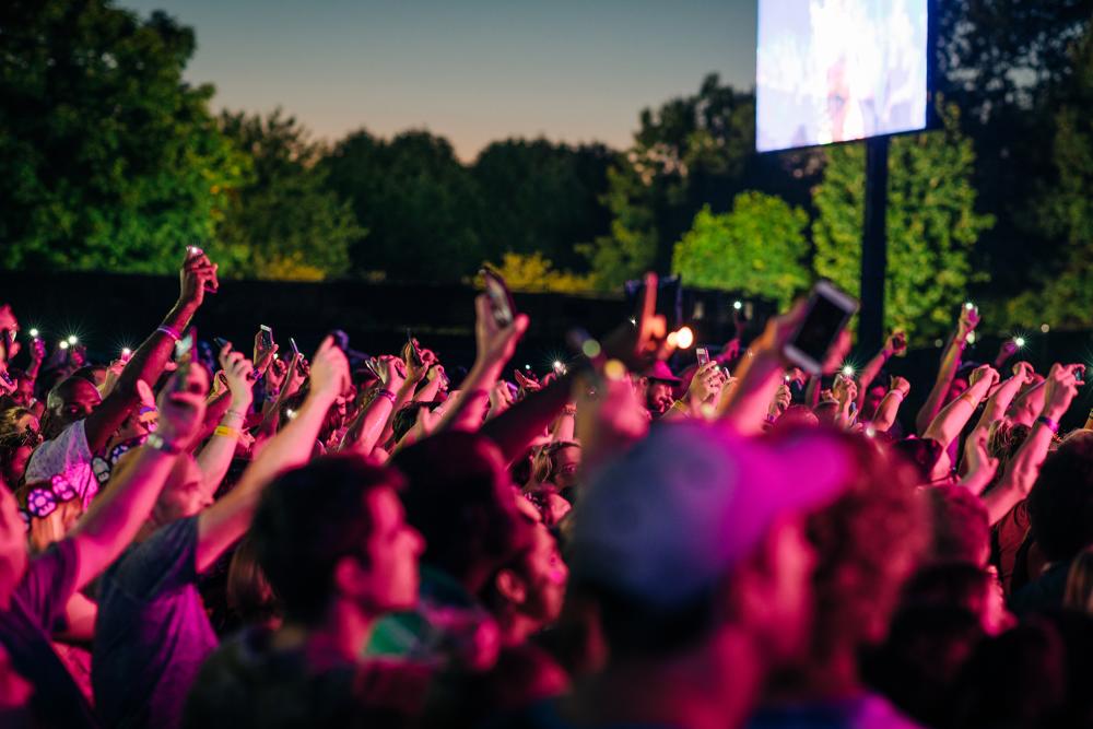 A crowd of people with their hands in the air at a music festival