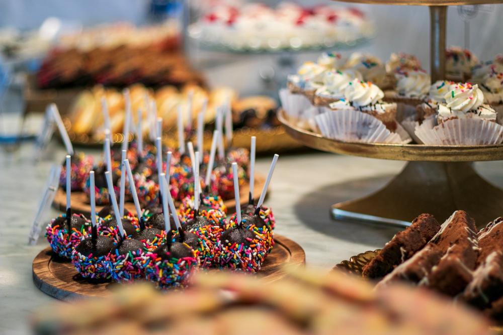 Baked sweets in a case at a bakery