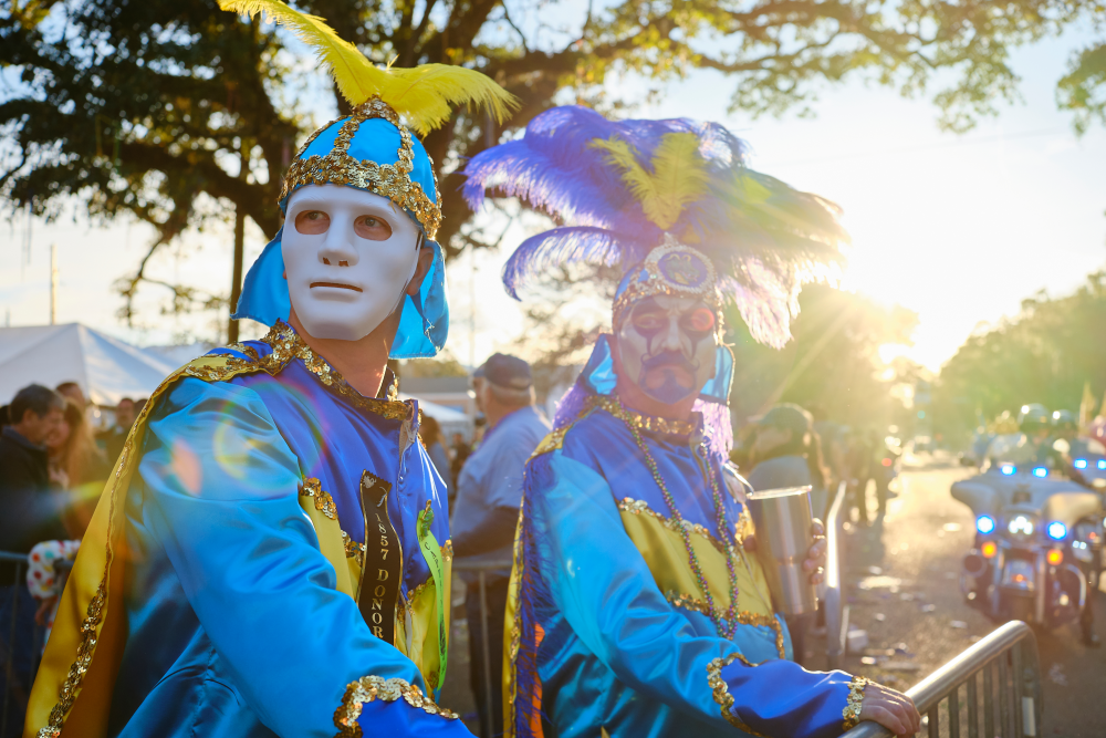 Two men in Mardi Gras costumes