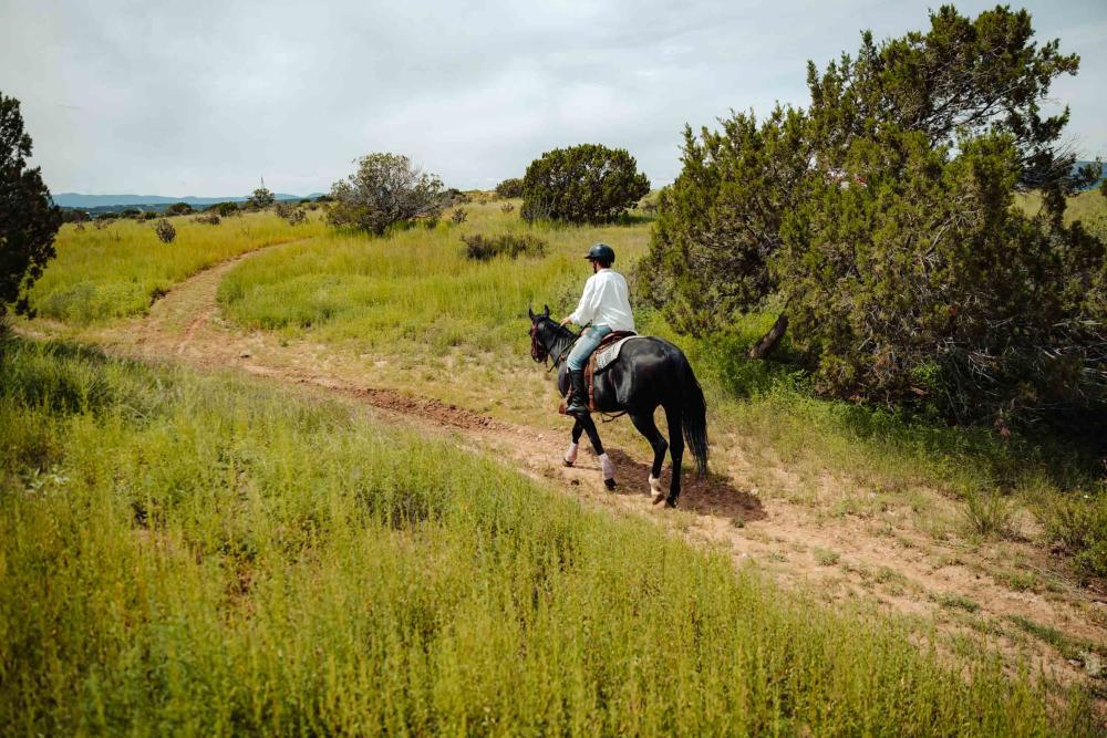 A woman rides a horse amidst sweeping views outside of Edgewood, New Mexico