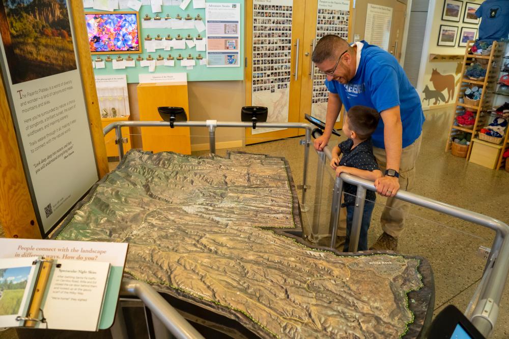 A father and son looking at interactive nature displays at the Los Alamos Nature Center