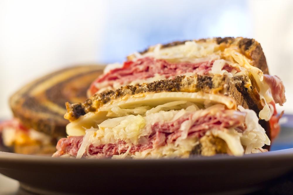 Corned beef sandwich cut in half