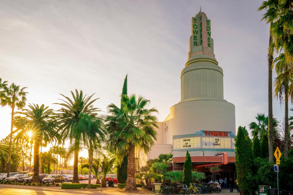 Tower theater with a sunset in the background