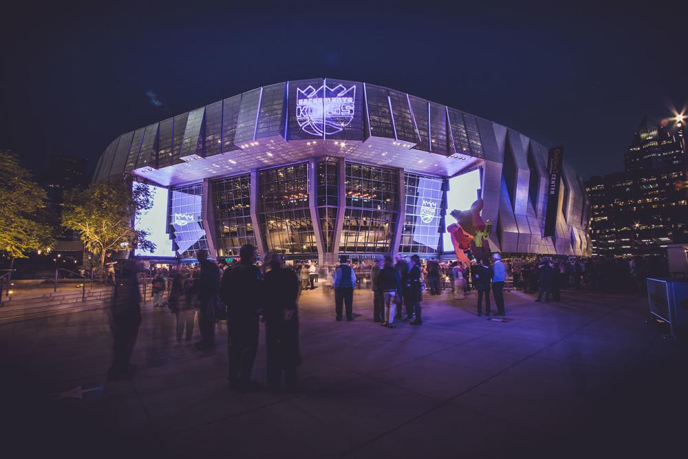 Golden 1 Center Exterior at Night with Kings logo