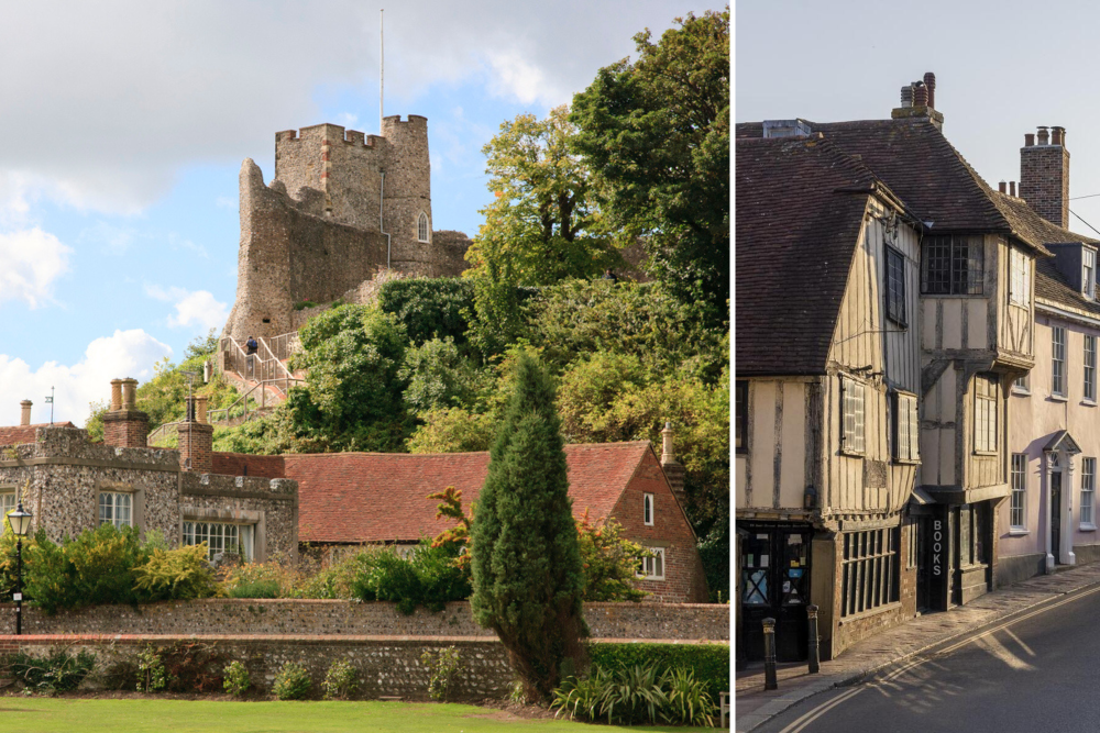 Lewes castle on the left of the image, a stone tower with a red roofed building in front, and on the right of the image a tudor house.