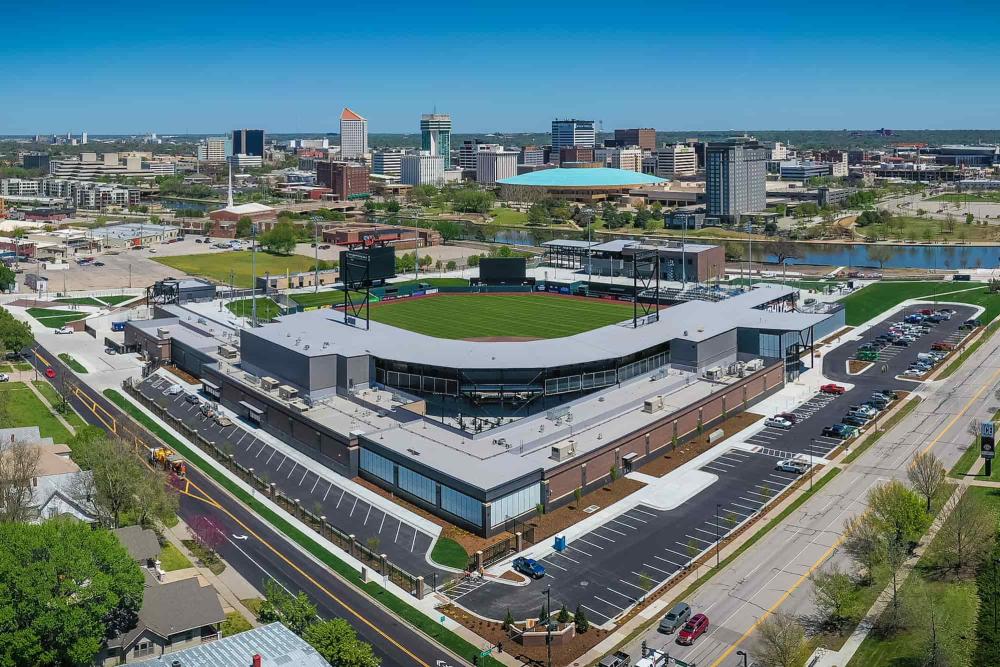 Aerial Shot of Riverfront Stadium and Downtown Wichita