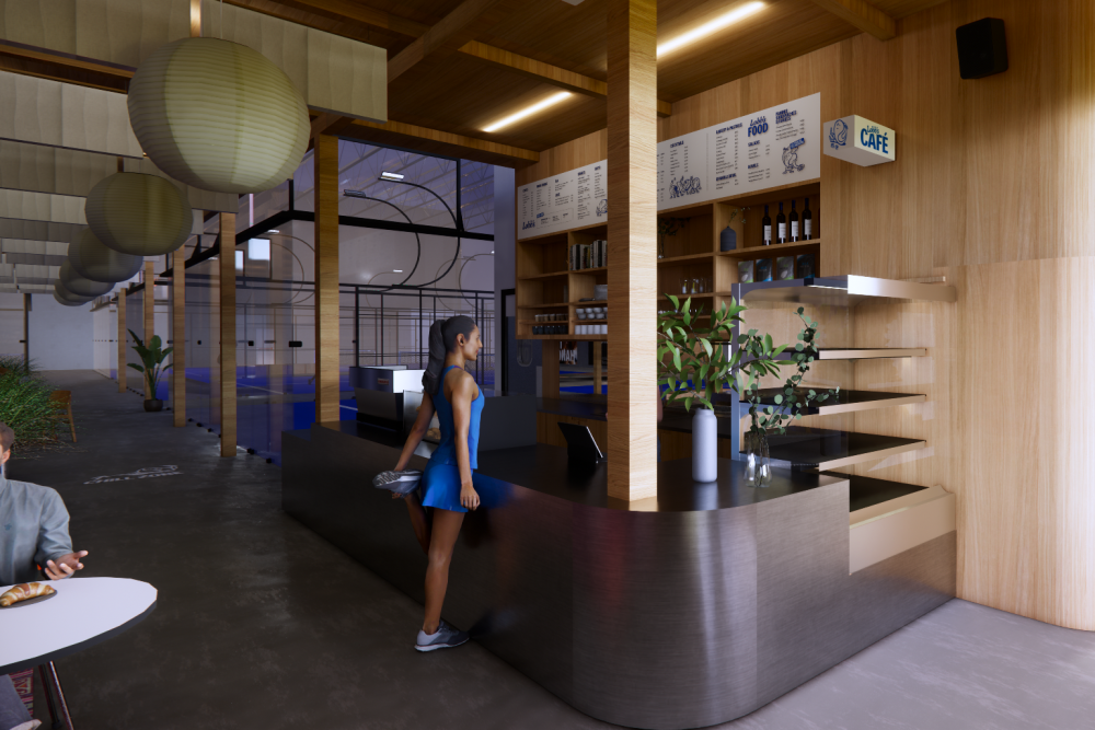 A rendering of Lobb's Cafe inside Lobb's Padel features a woman stretching her leg as she orders from the cafe bar. Behind her are several indoor padel courts.