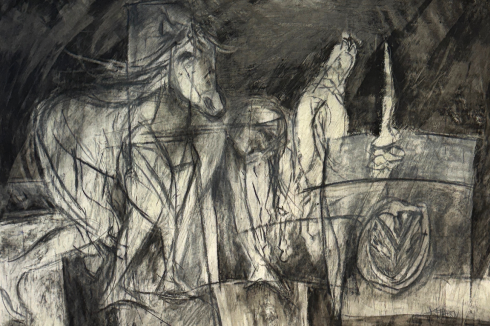 A rough charcoal sketch of a horse on the battlefield.