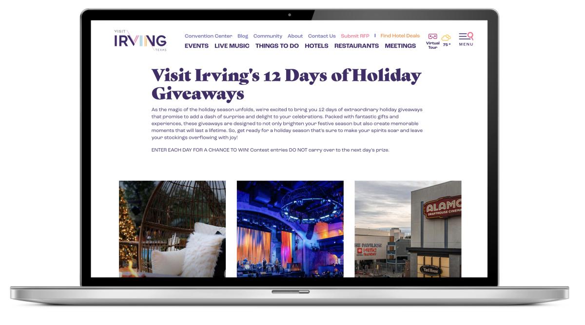 Visit Irving's 12 Days of Holiday Giveaways web page displayed on a laptop screen.