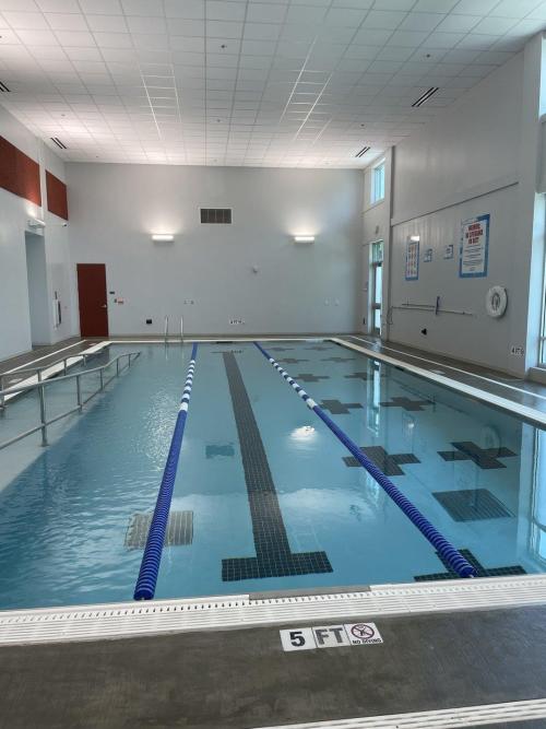 Indoor lap pool with marked swim lanes at a Cumberland County recreation center, representing local spaces for developing swimmers.