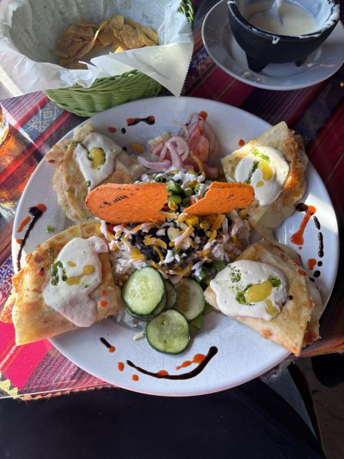 A colorful plate with four quesadillas and beautiful garnish with white sauce, peppers, and meat at Rolando's in Fort Smith, AR.