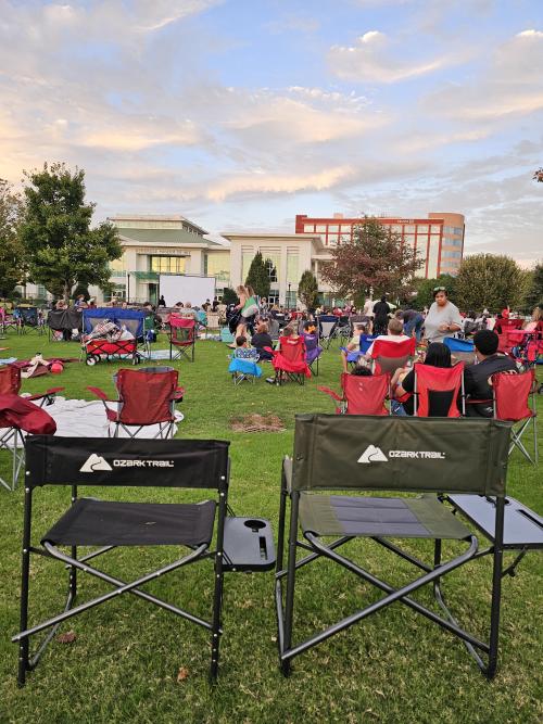 Crowd gathered on the lawn at Big Spring Park for Movies in the Park, with the Huntsville Museum of Art in the background.