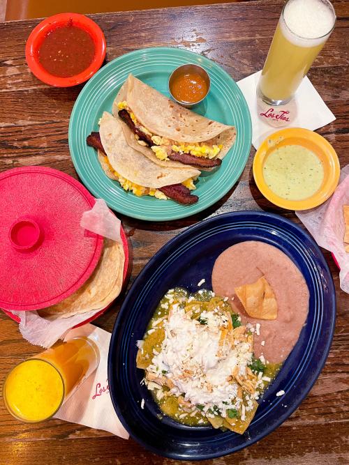 Tex-Mex brunch at Los Tios restaurant with coffee, breakfast tacos, and chilaquiles
