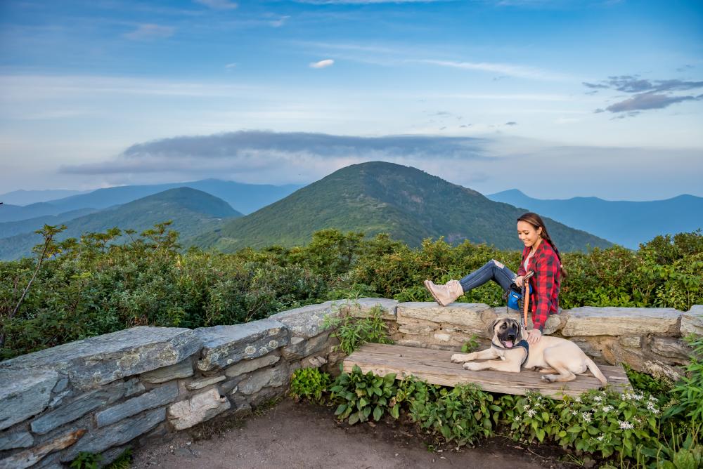 A young woman sits with her dog at Craggy Gardens Pinnacle near Asheville, NC