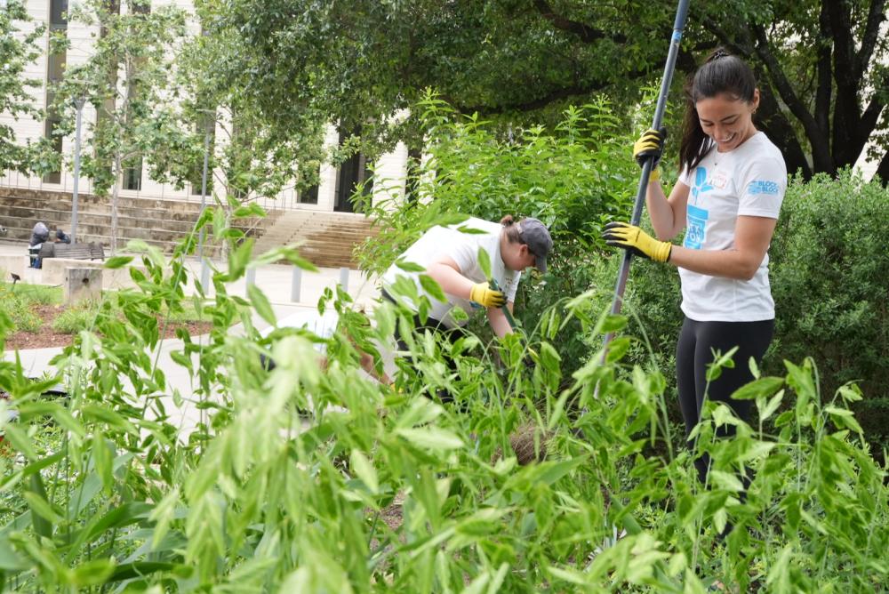 Two women using garden tools to work on a community clean up of a park.