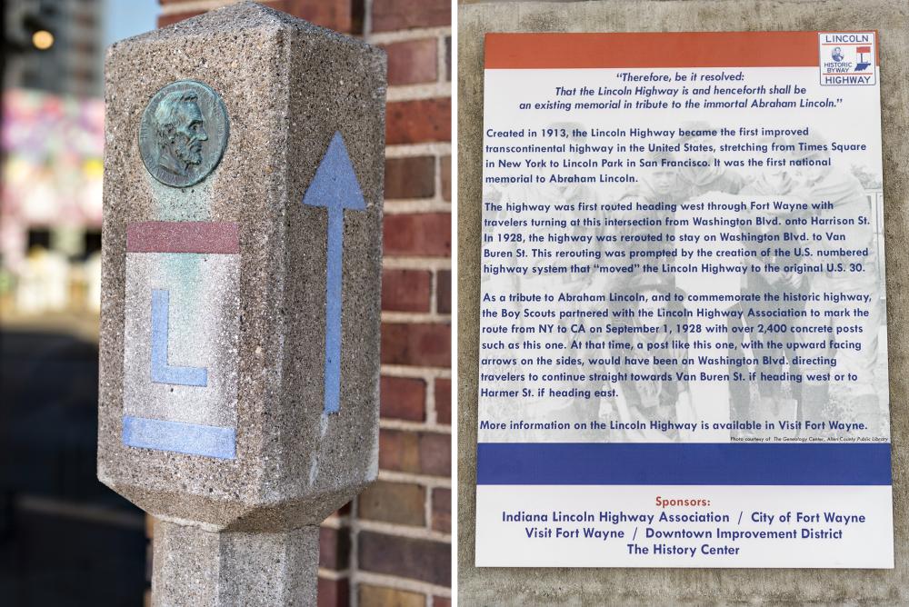 Original Lincoln Highway marker post installed at the Fort Wayne Visitors Center