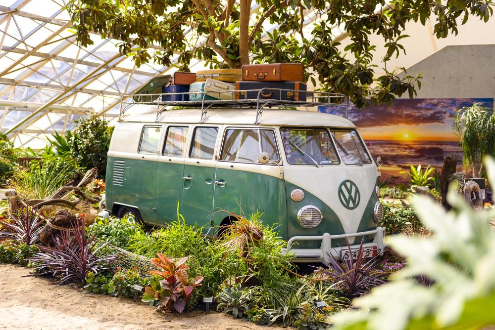 vintage VW van inside a garden exhibit