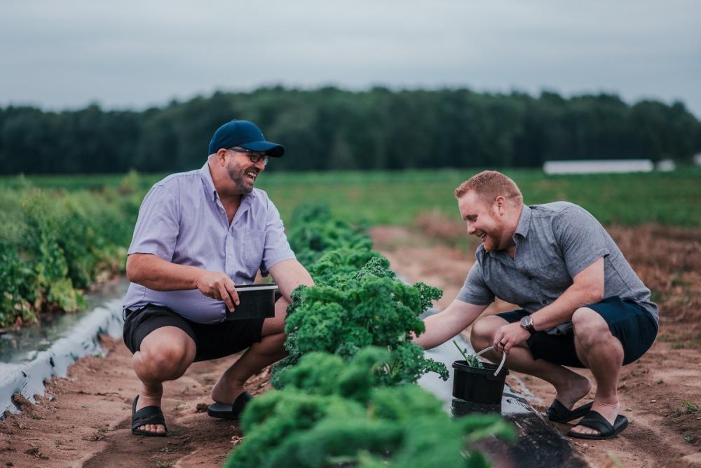 2 men picking produce in the garden