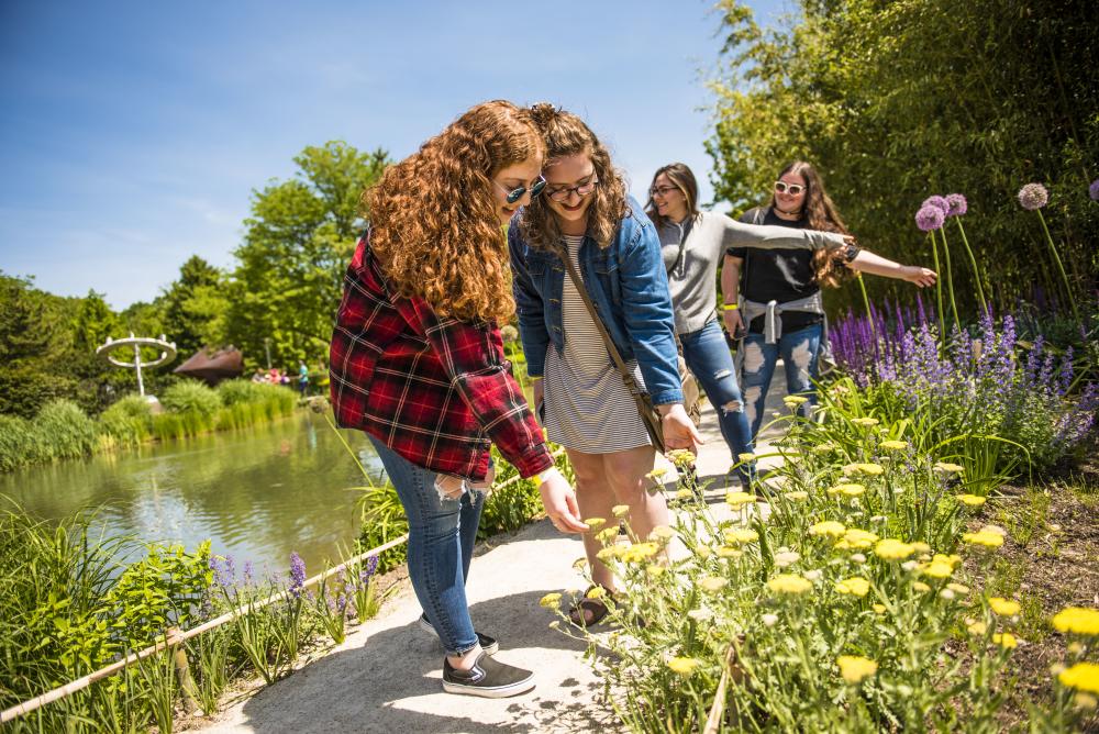 a group of girls inspect the flowers off the side of the path.