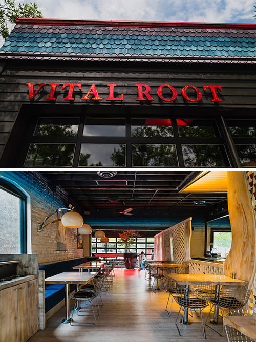Vital Root restaurant's exterior and interior in Denver