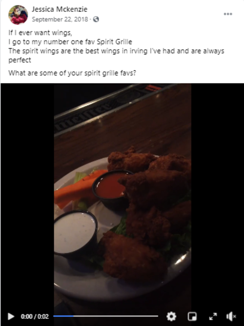 Facebook post about Spirit Grille in Irving, TX
