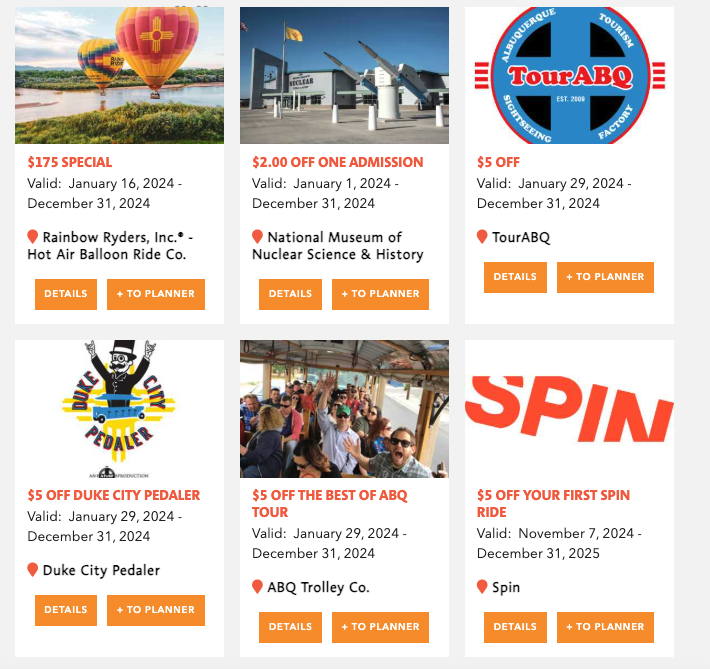 Screenshot of the Visit Albuquerque Specials & Coupons page