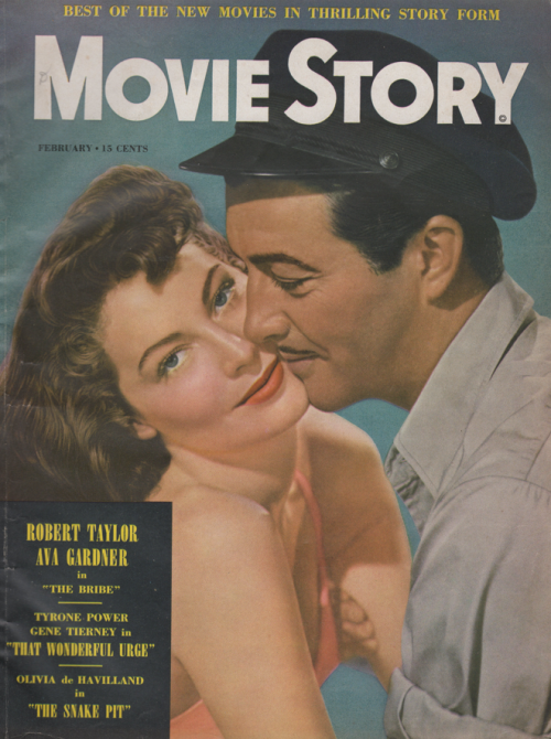 Cover of Movie Story magazine featuring Ava Gardner and Robert Taylor for The Bribe