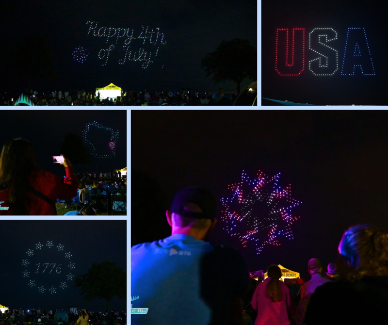 A photo collage of images of a drone show over Lake Michigan in Kenosha.