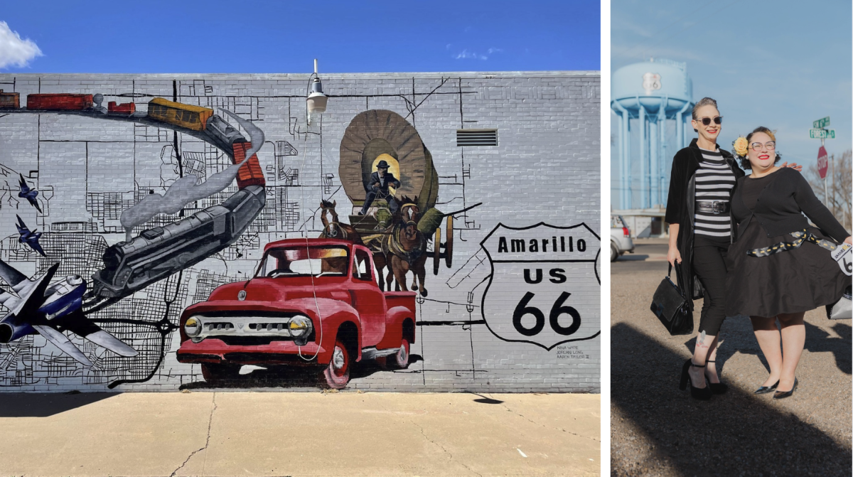 A mural on Amarillo’s Route 66 featuring a red vintage truck, a steam train, airplanes, and a covered wagon. Next to it, two women dressed in retro-inspired outfits pose and smile in front of the Route 66 water tower.