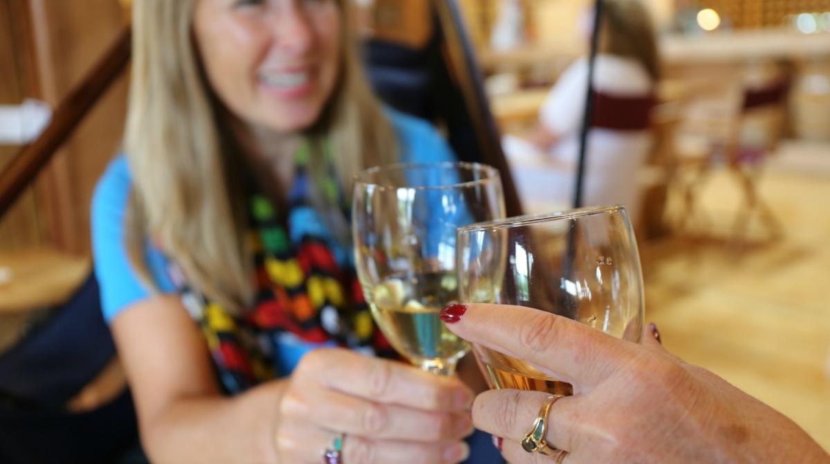 Two women enjoy a cheers with glasses of wine