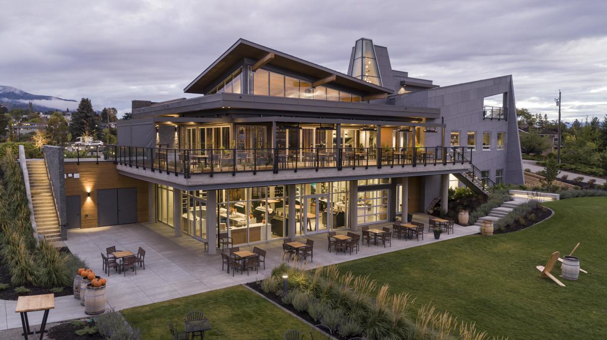 An aerial shot of Mt. Boucherie Winery in West Kelowna, BC